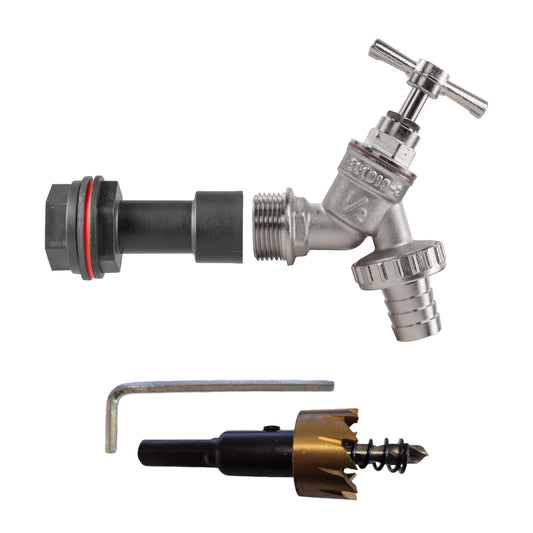 1/2’’ Water Butt Fitting Set with Nickel-Plated Tap (Barbed Outlet) + Hole Cutter