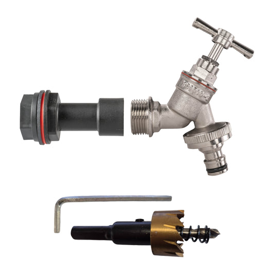 1/2’’ Water Butt Fitting Set with Snap-On Nickel-Plated Tap & Drill Bit