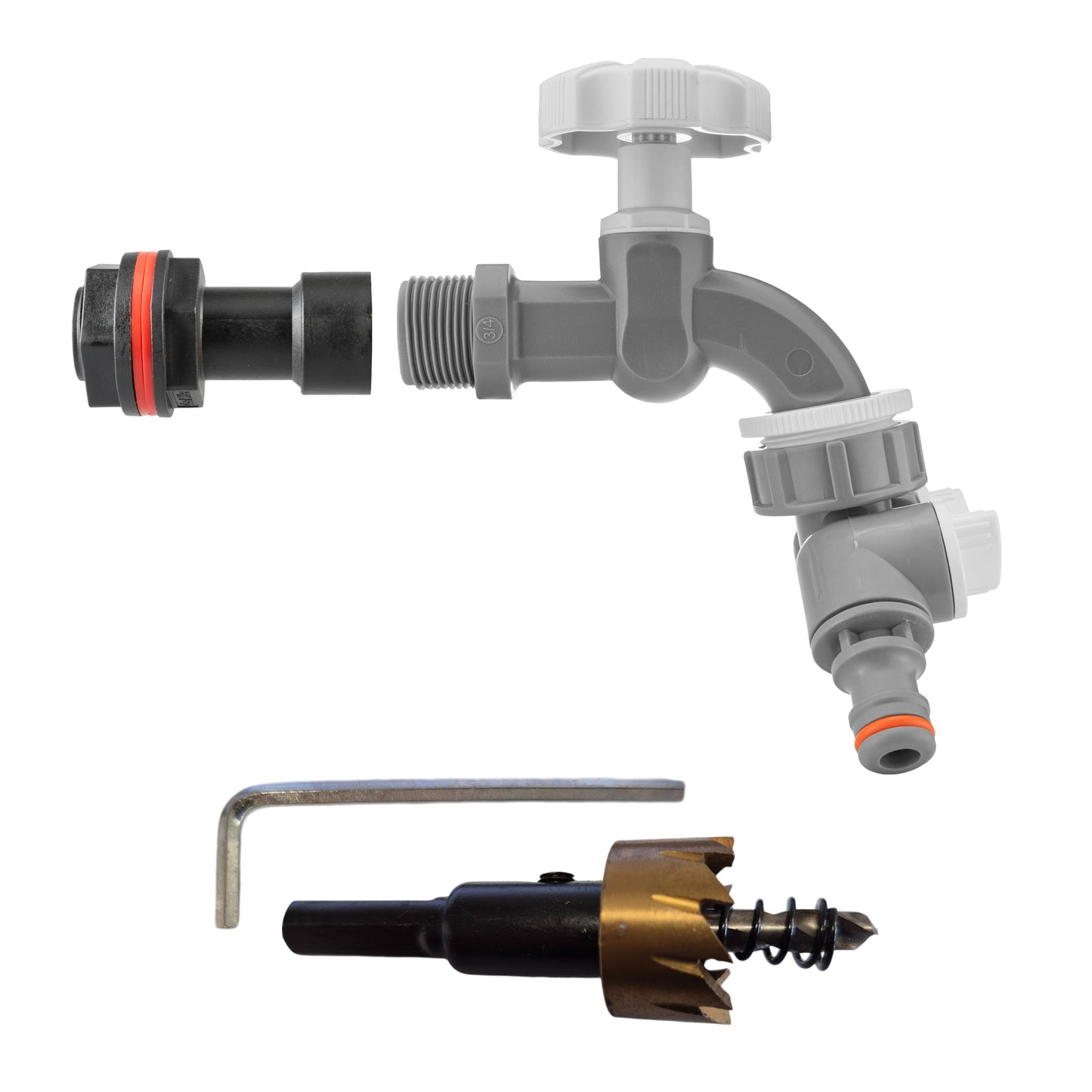 3/4’’ Watter Butt Fitting Set with Grey Tap, Dual Outlet & Drill Bit