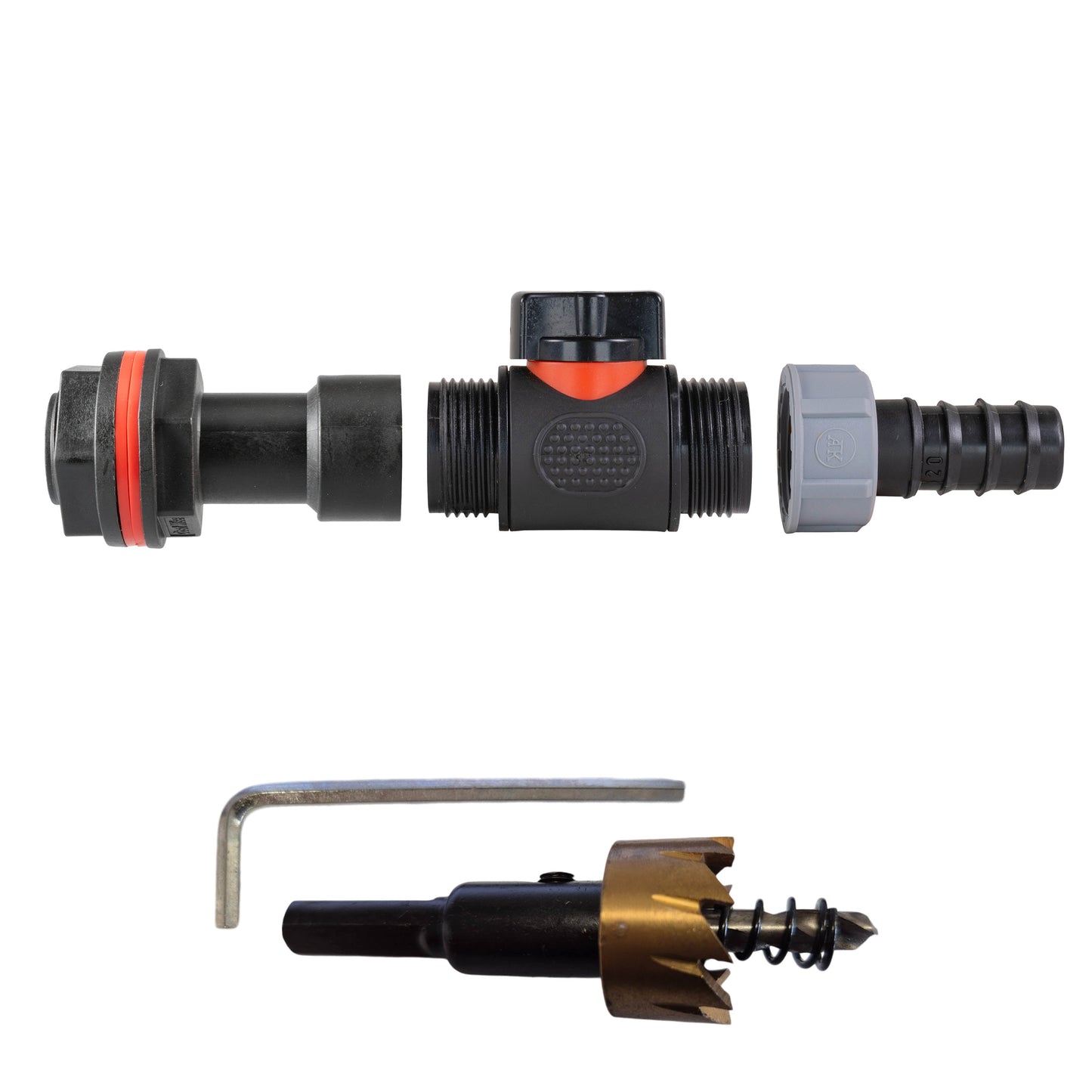 3/4" Water Butt Set with In-Line Tap, 20mm Barb Connector & Drill Bit
