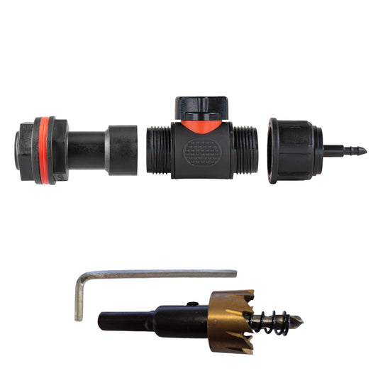 3/4" Water Butt Set with In-Line Tap, 4mm Barb Connector & Drill Bit