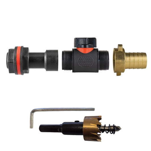 3/4" Water Butt Extension Set with In-Line Valve, 3/4’’ Brass Hose Tail & Drill Bit