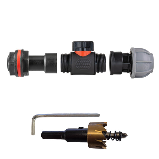 3/4’’ Water Butt Extension Set with In-Line Valve, 20mm MDPE Connector & Hole Saw