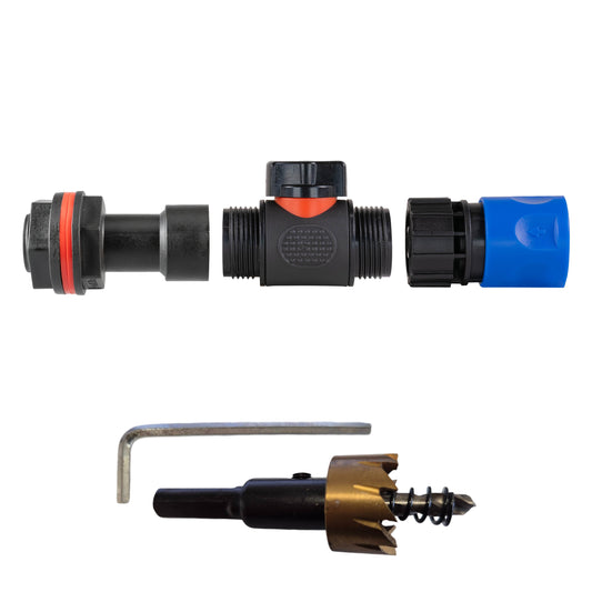 3/4" Water Butt Extension Set with In-Line Valve & Blue Female Quick Connector + Hole Saw