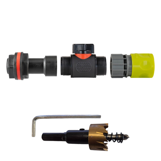3/4" Water Butt Extension Set with In-Line Valve & Lime Female Quick Connector + Hole Saw
