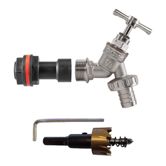 3/4" Water Butt Link Set with Nickel-Plated Barbed Tap & Hole Saw