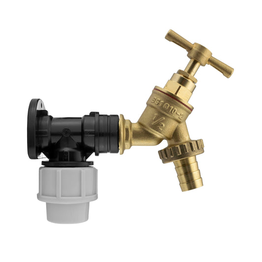 20mm MDPE Wall Flange Set with Brass Garden Tap and ½" Barb Connection