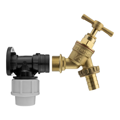 20mm MDPE Wall Flange Set with Brass Garden Tap and ½" Barb Connection