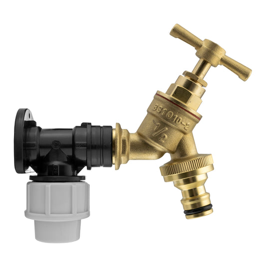 20mm MDPE Wall Flange Set with Brass Garden Tap and ½" Snap-On Connection