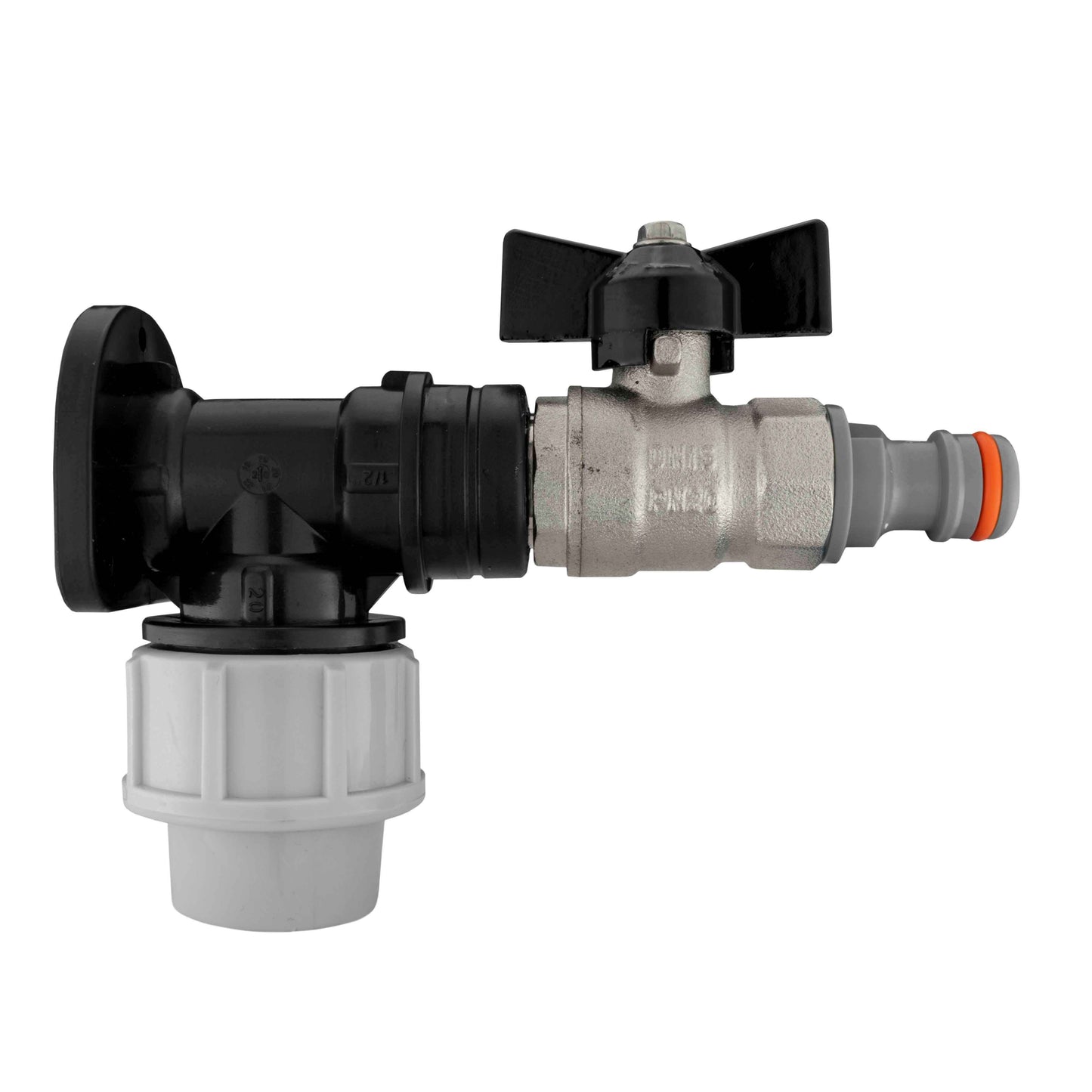 20mm MDPE Wall Flange Set with Bib Valve and Snap-On Male Coupling