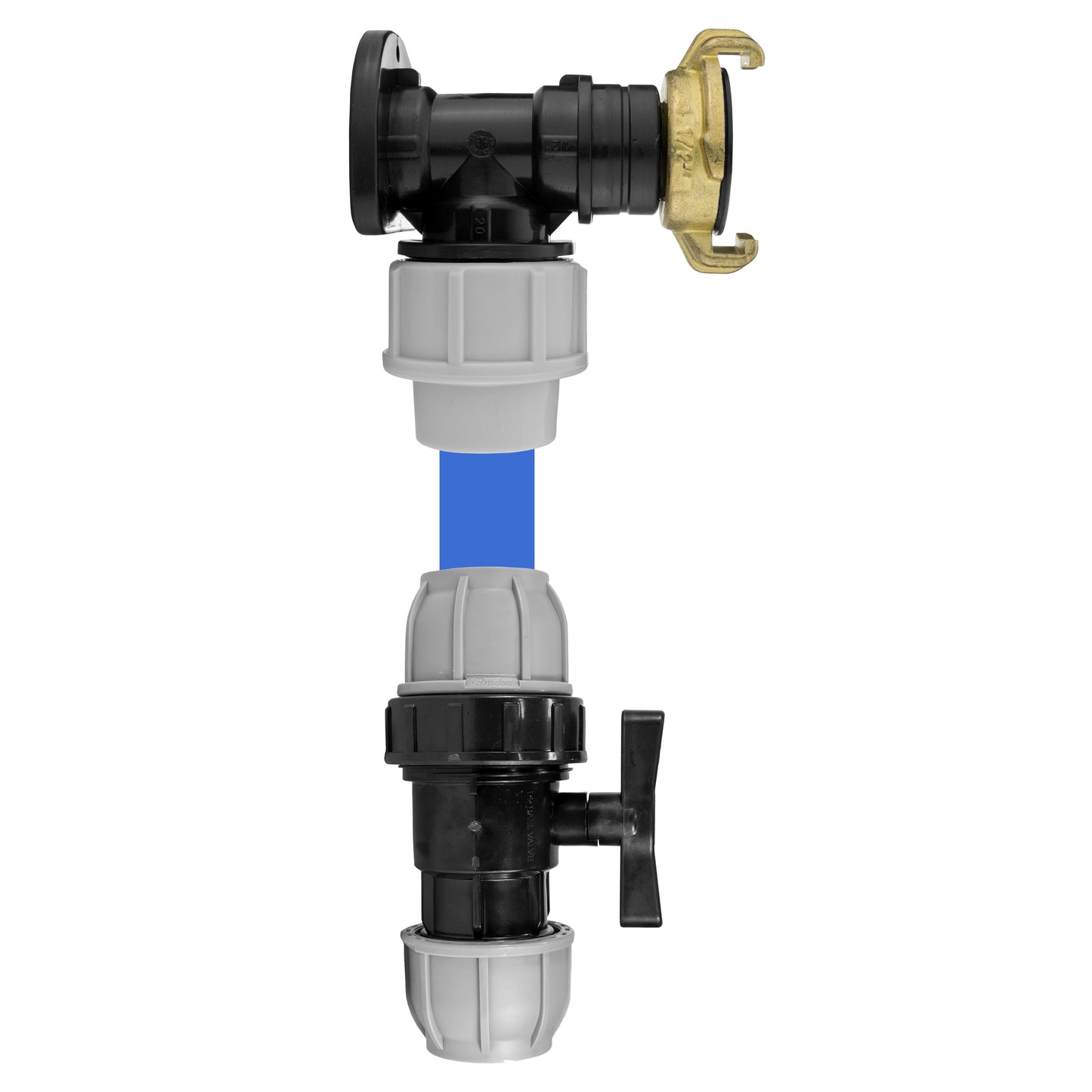 20mm MDPE Wall Flange Set with Geka Connector and Inline Valve