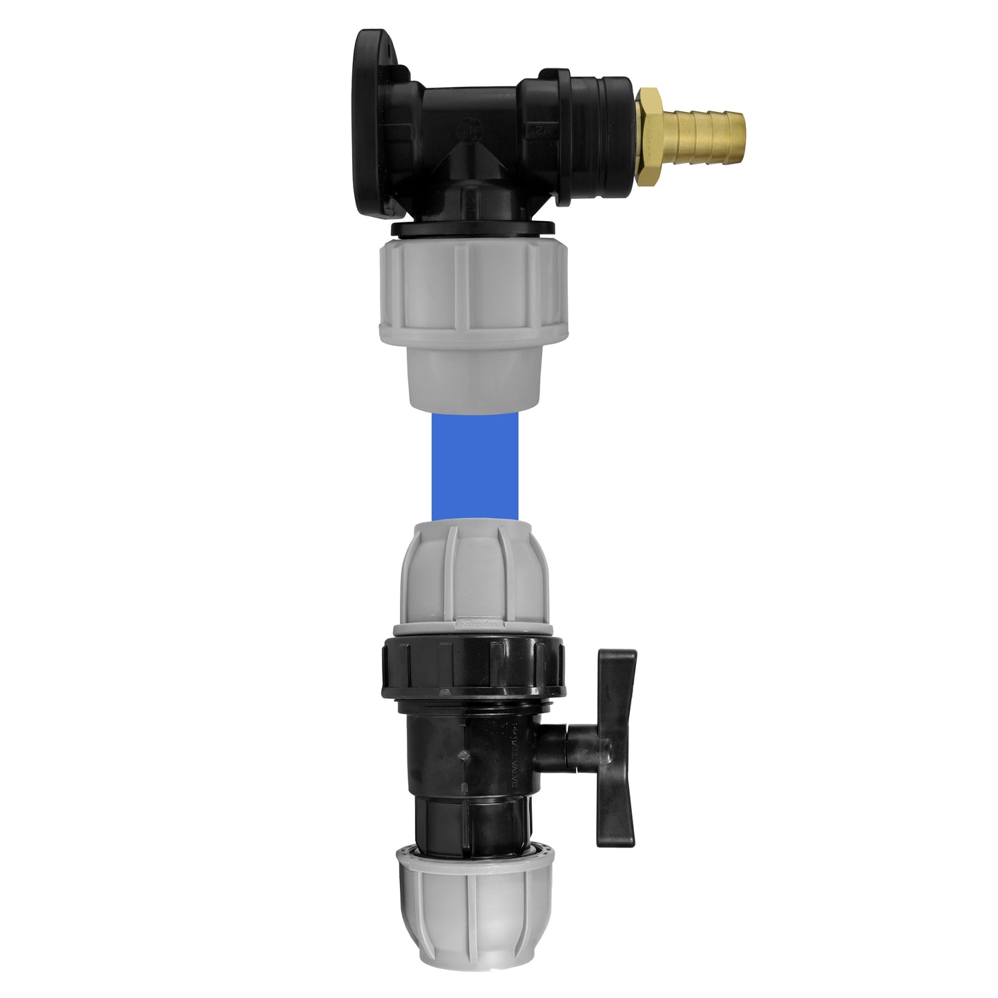 20mm MDPE Wall Flange Set with ½" Barb Outlet & In-Line Valve