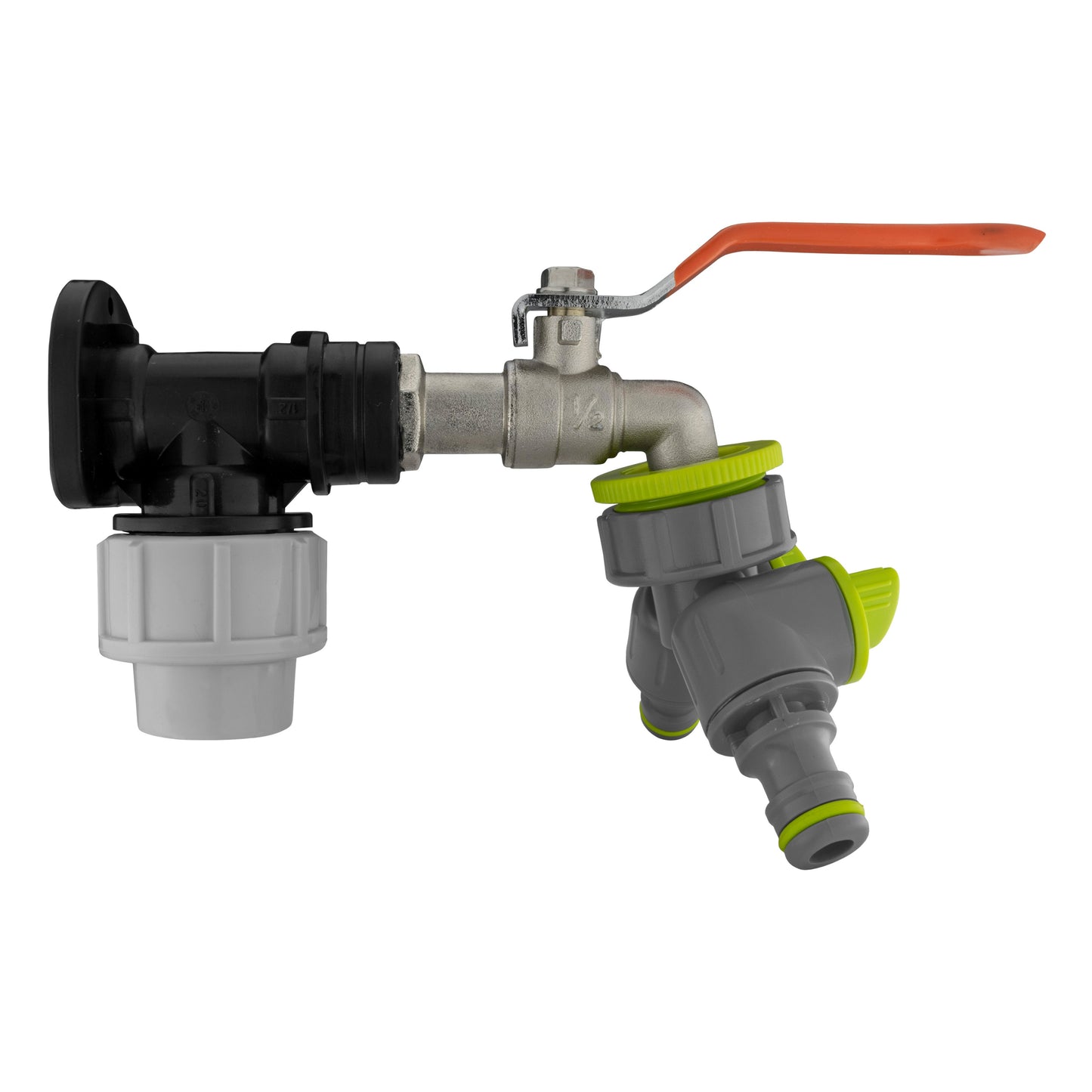20mm MDPE Wall Flange Set with Lever Tap and Dual Outlet Splitter