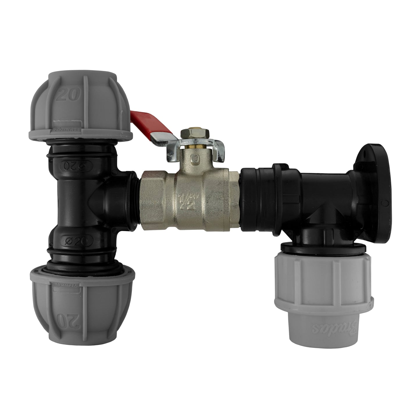 20mm MDPE Wall Flange Set with Lever Valve and 20mm MDPE Tee Connection