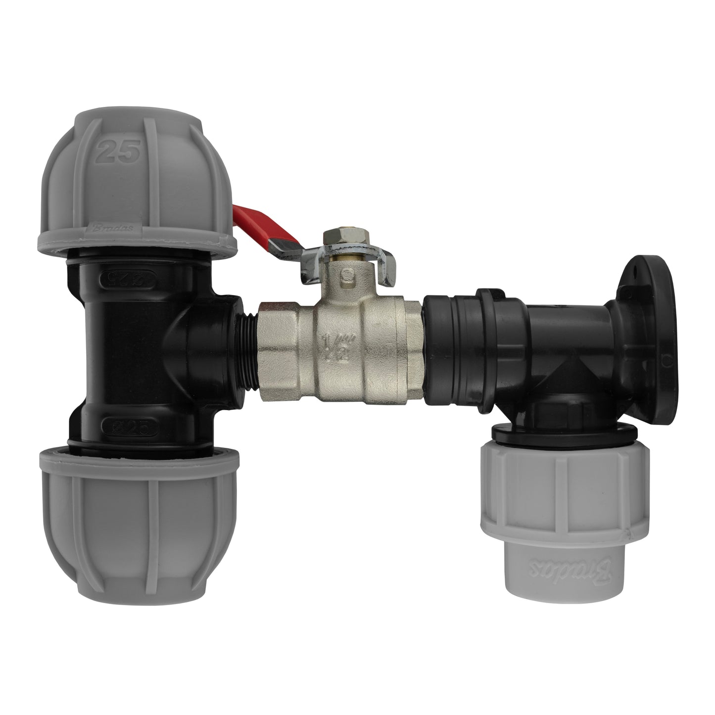 20mm MDPE Wall Flange Set with Lever Valve and 25mm MDPE Tee Connection