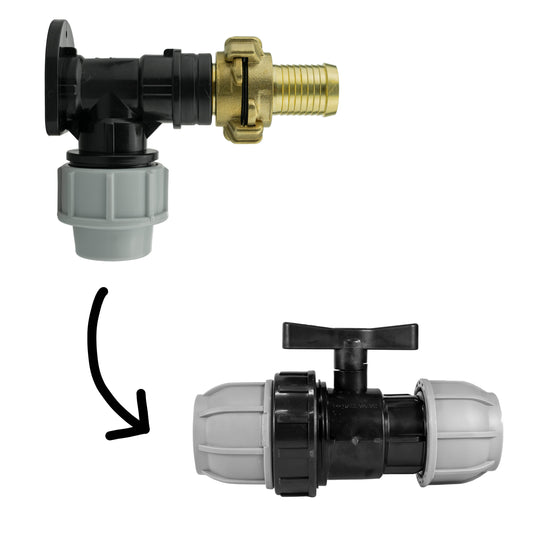 20mm MDPE Wall Flange Set with Valve, ½” Geka Connector, and 25mm Geka Hosetail
