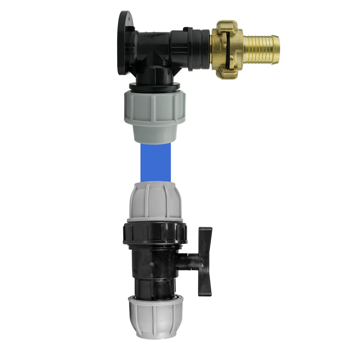 20mm MDPE Wall Flange Set with Valve, ½” Geka Connector, and 25mm Geka Hosetail
