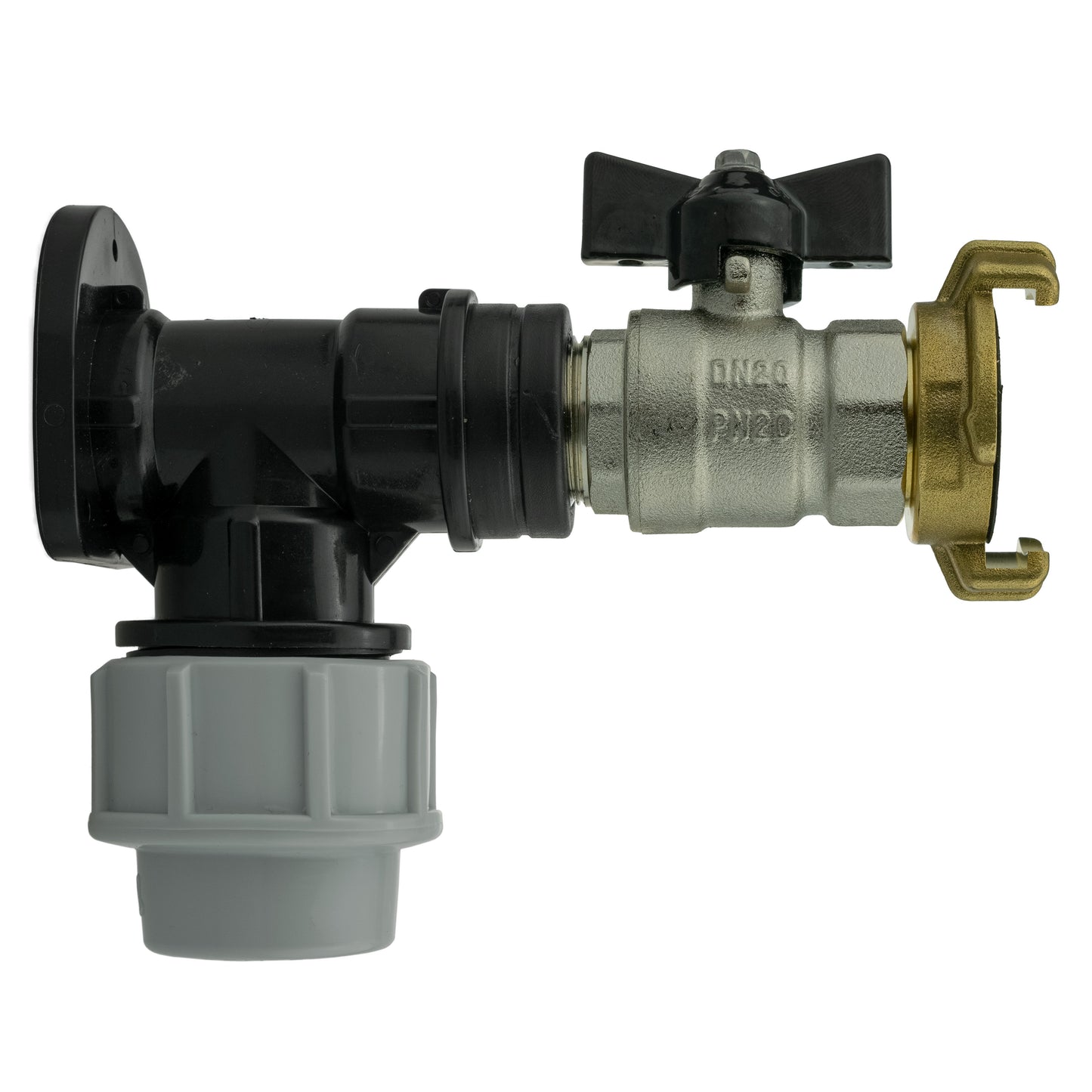 20mm MDPE Wall Flange Set Complete with Bib Valve and ½” Geka Fitting