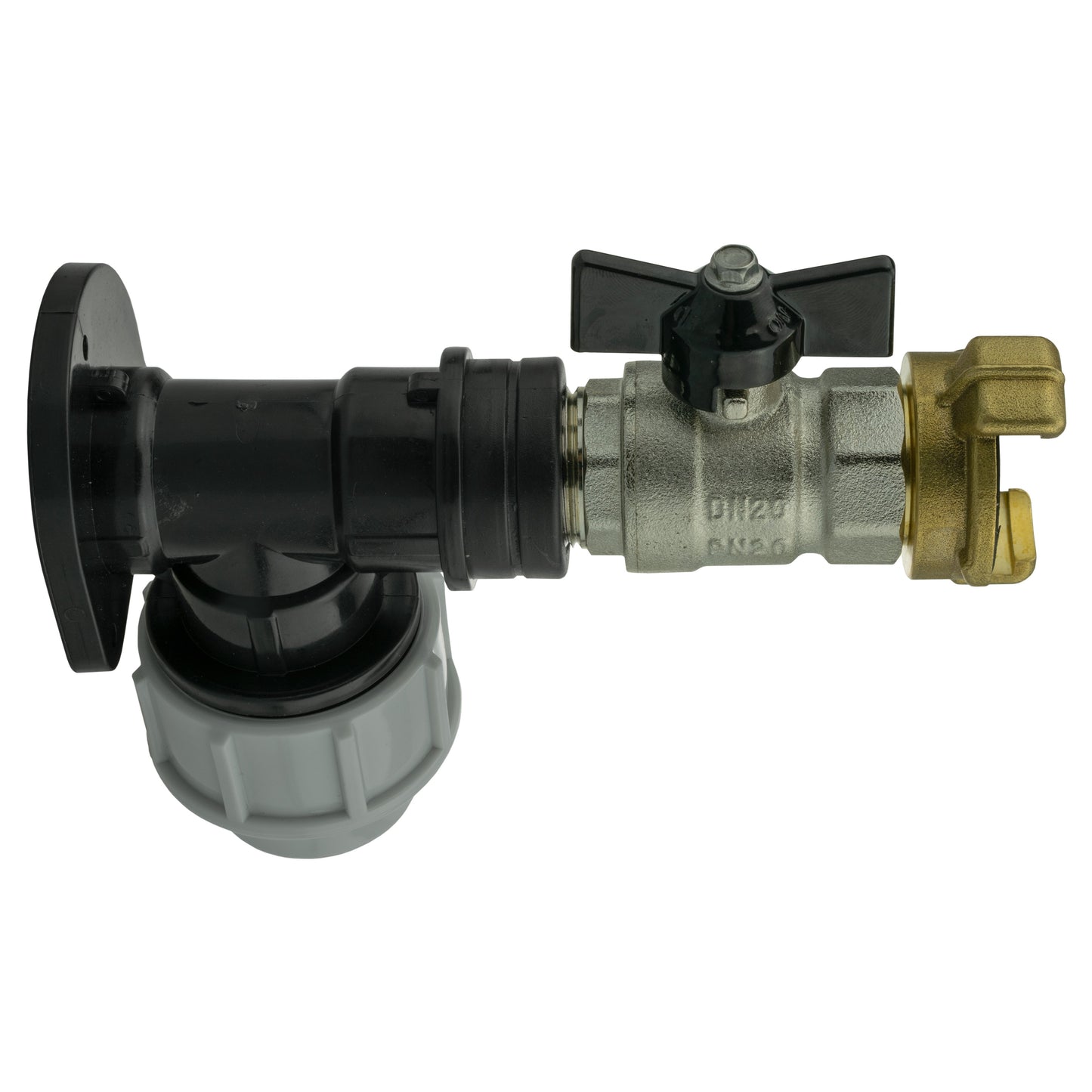 20mm MDPE Wall Flange Set Complete with Bib Valve and ½” Geka Fitting
