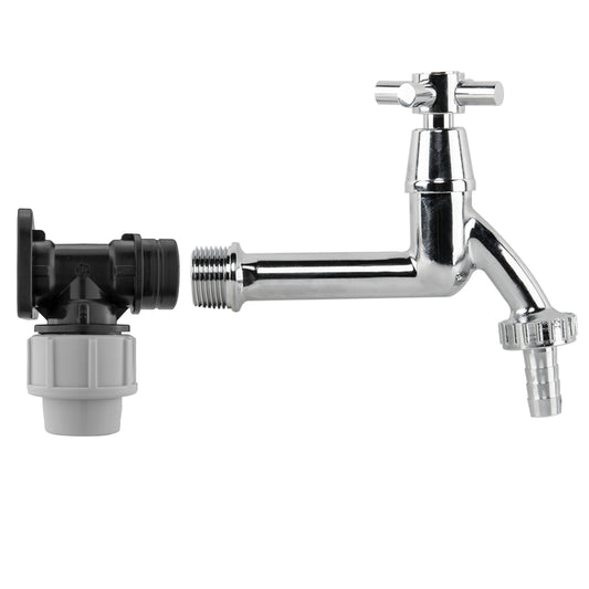 20mm MDPE Wall Flange Kit with Extended 1/2" Barb Chrome Brass Tap