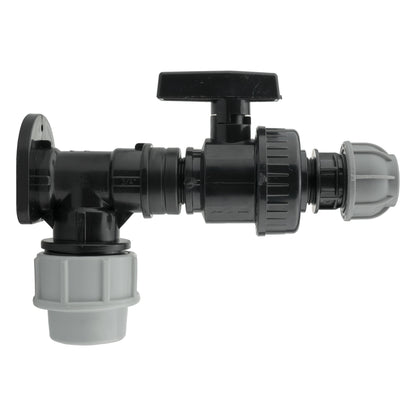 25mm MDPE Wall Flange Set with Large Plastic Valve and 20mm MDPE Straight Connector