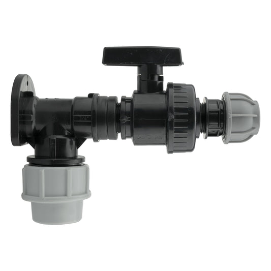 25mm MDPE Wall Flange Set with Large Plastic Valve and 20mm MDPE Straight Connector