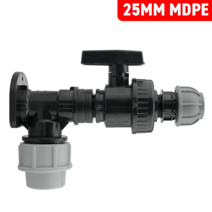 25mm MDPE Wall Flange Set with Large Plastic Valve and 20mm MDPE Straight Connector