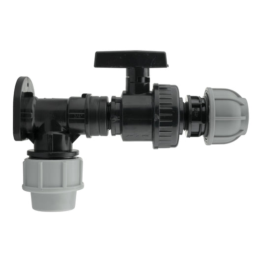 25mm MDPE Wall Flange Set with Large Plastic Valve and 25mm MDPE Straight Connector