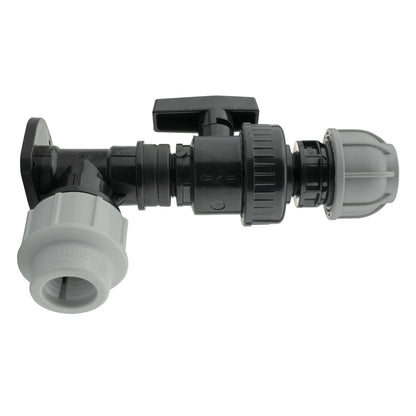 25mm MDPE Wall Flange Set with Large Plastic Valve and 25mm MDPE Straight Connector