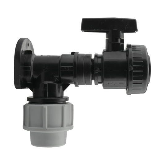 25mm MDPE Wall Flange Set with Large 3/4" BSP Plastic Valve