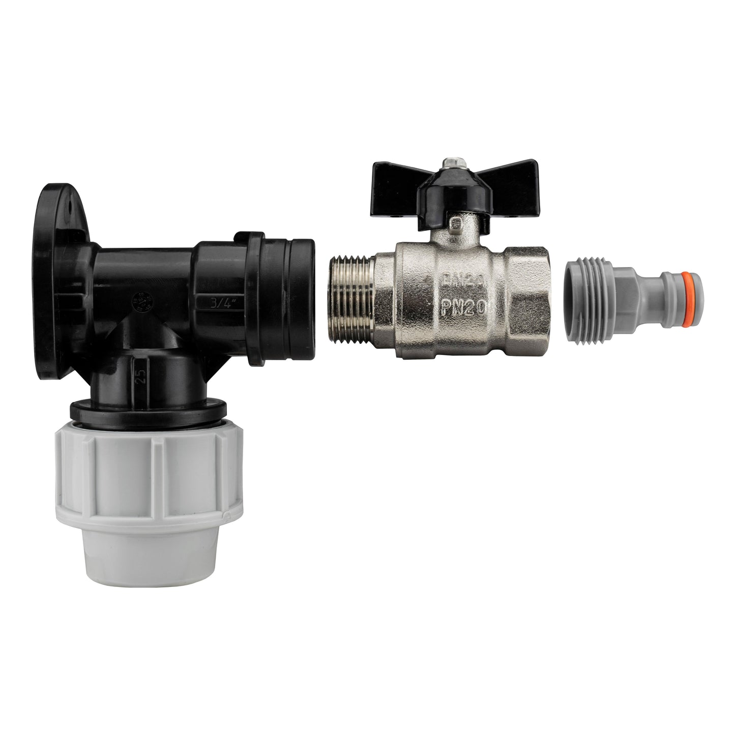 25mm MDPE Wall Flange Set Including Bib Valve and WL Male Click-Lock Fitting