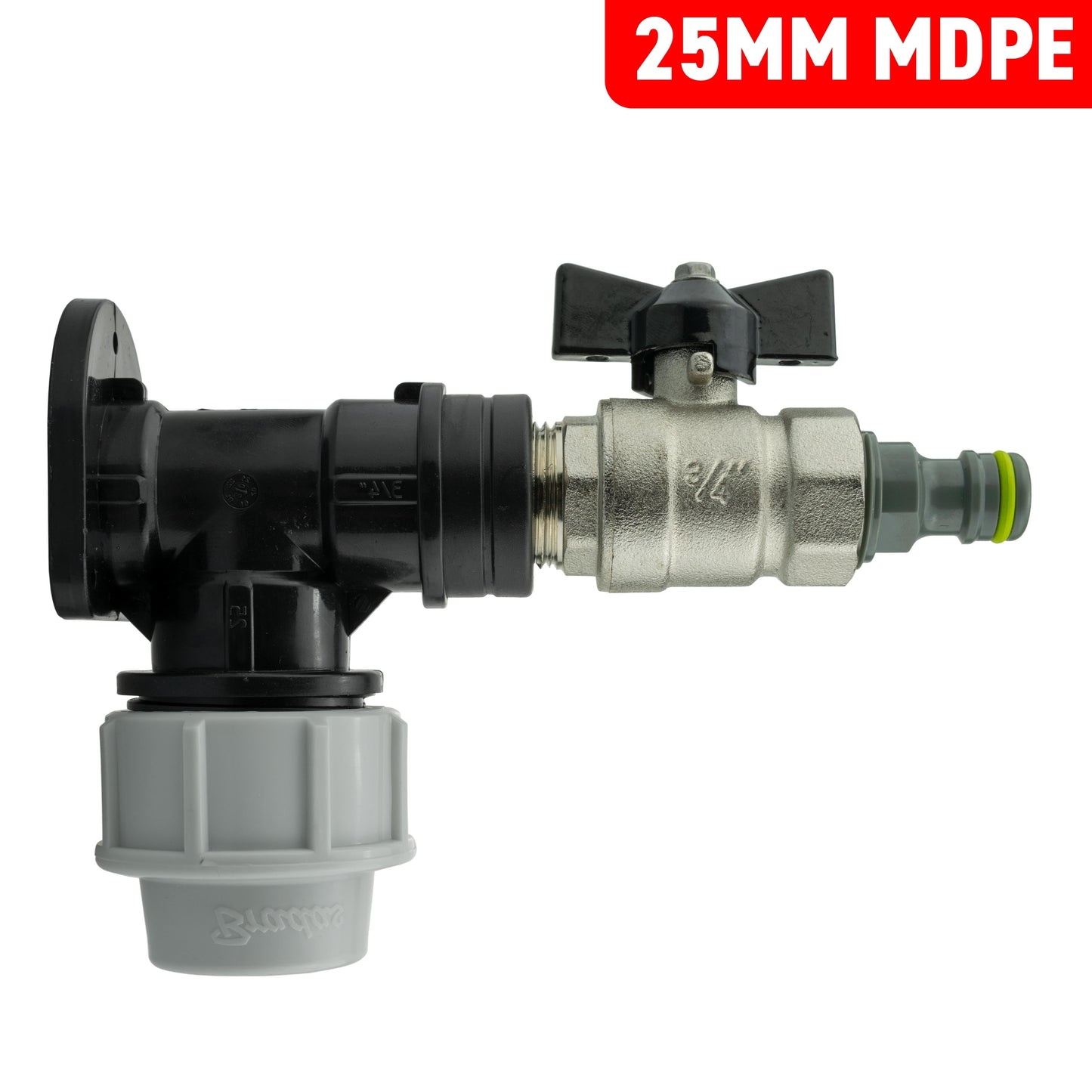 25mm MDPE Wall Flange Set Including Bib Valve and Lime Male Click-Lock Fitting