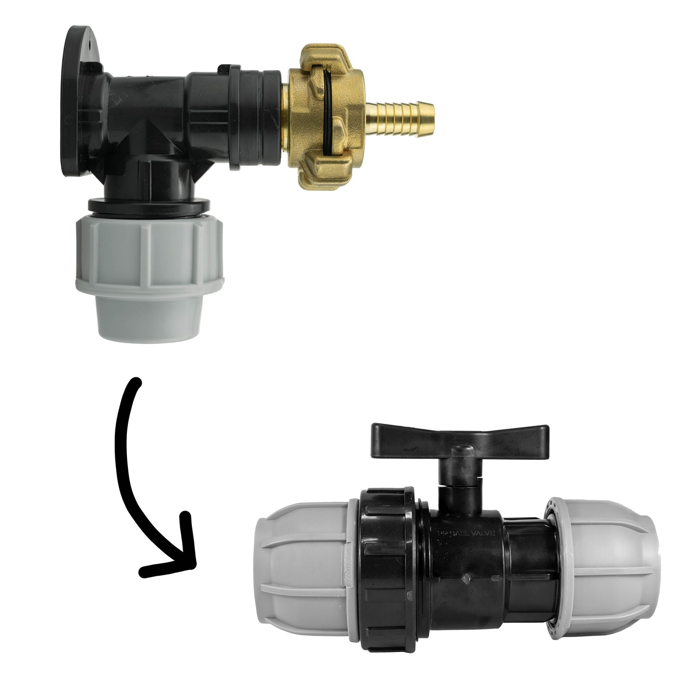 25mm MDPE Wall Flange Set with 25mm MDPE Valve and 13mm Barbed Geka Connectors