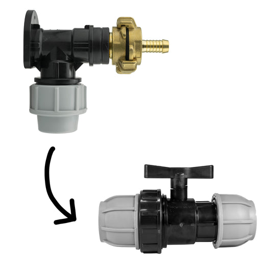 25mm MDPE Wall Flange Set with 25mm MDPE Valve and 13mm Barbed Geka Connectors