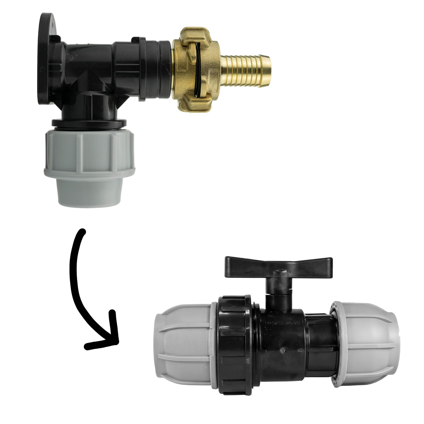 25mm MDPE Wall Flange Set with 25mm MDPE Valve and 19mm Barbed Geka Connectors