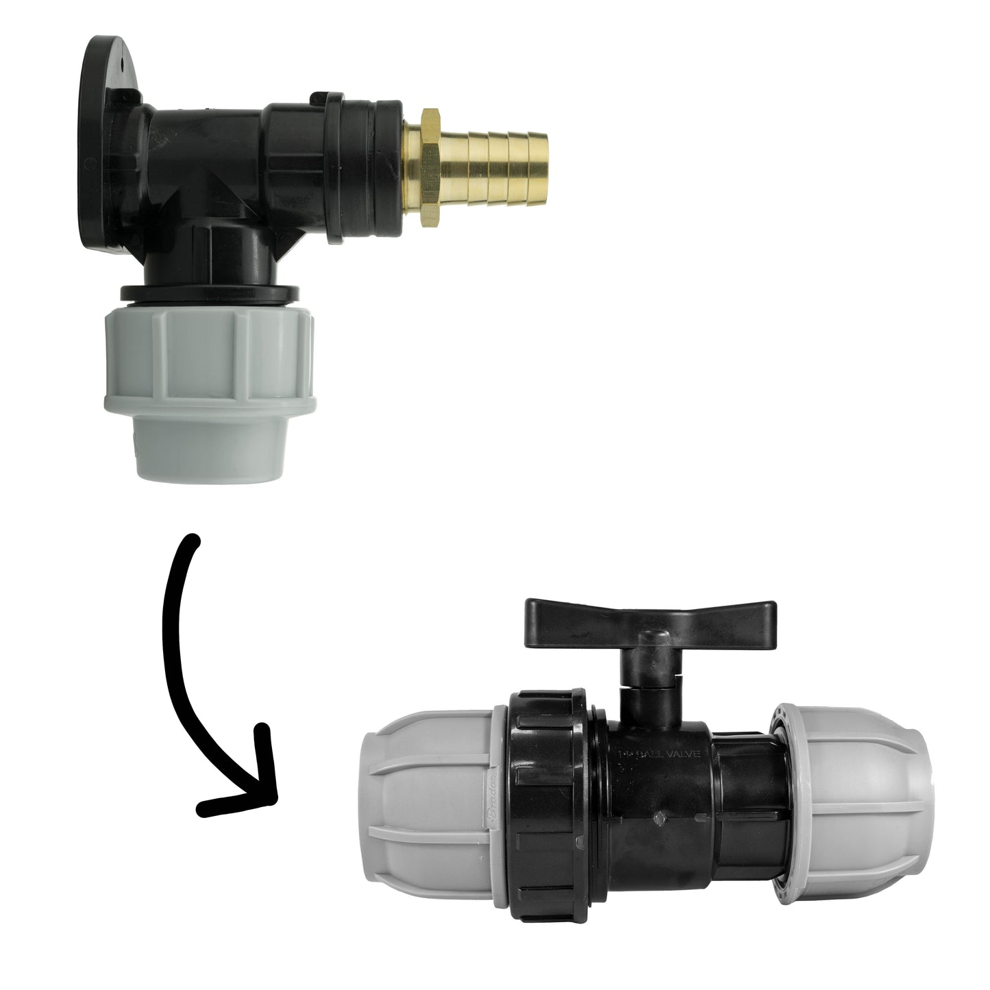25mm MDPE Wall Flange Set with 25mm Valve and 19mm Brass Barb Coupling