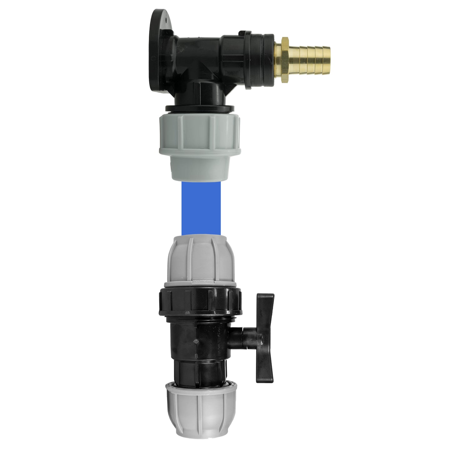 25mm MDPE Wall Flange Set with 25mm Valve and 19mm Brass Barb Coupling