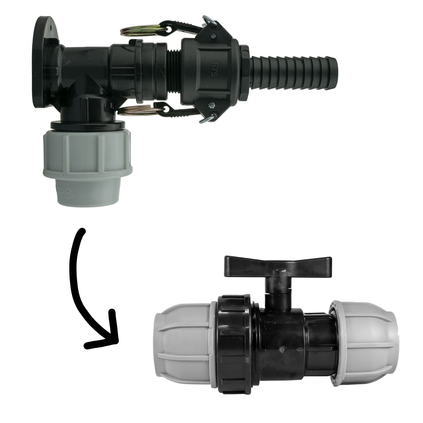 25mm MDPE Wall Flange Set Including 25mm MDPE Valve and ¾" Camlock B+E Couplings