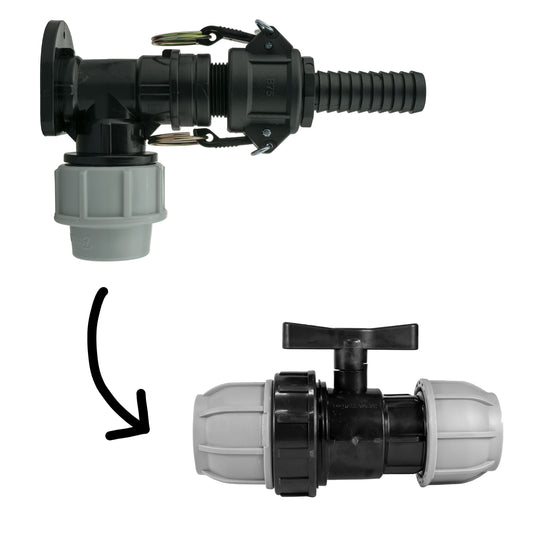 25mm MDPE Wall Flange Set Including 25mm MDPE Valve and ¾" Camlock B+E Couplings