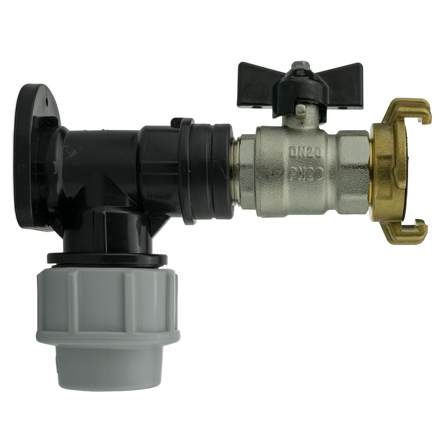 25mm MDPE Wall Flange Set Including Bib Valve and Geka Type Fitting