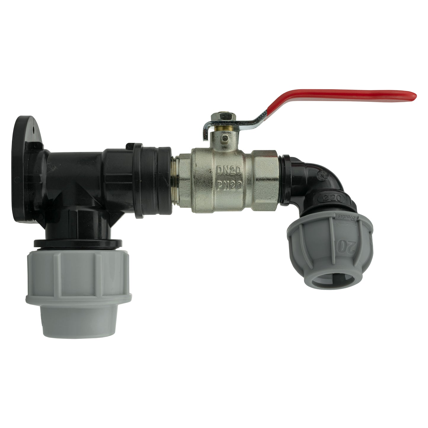 25mm MDPE Wall Flange Set with Lever Valve and 20mm MDPE Elbow Fitting