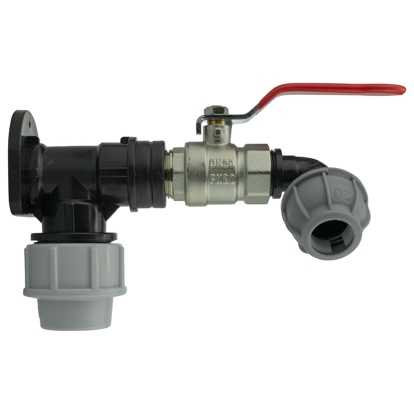 25mm MDPE Wall Flange Set with Lever Valve and 20mm MDPE Elbow Fitting