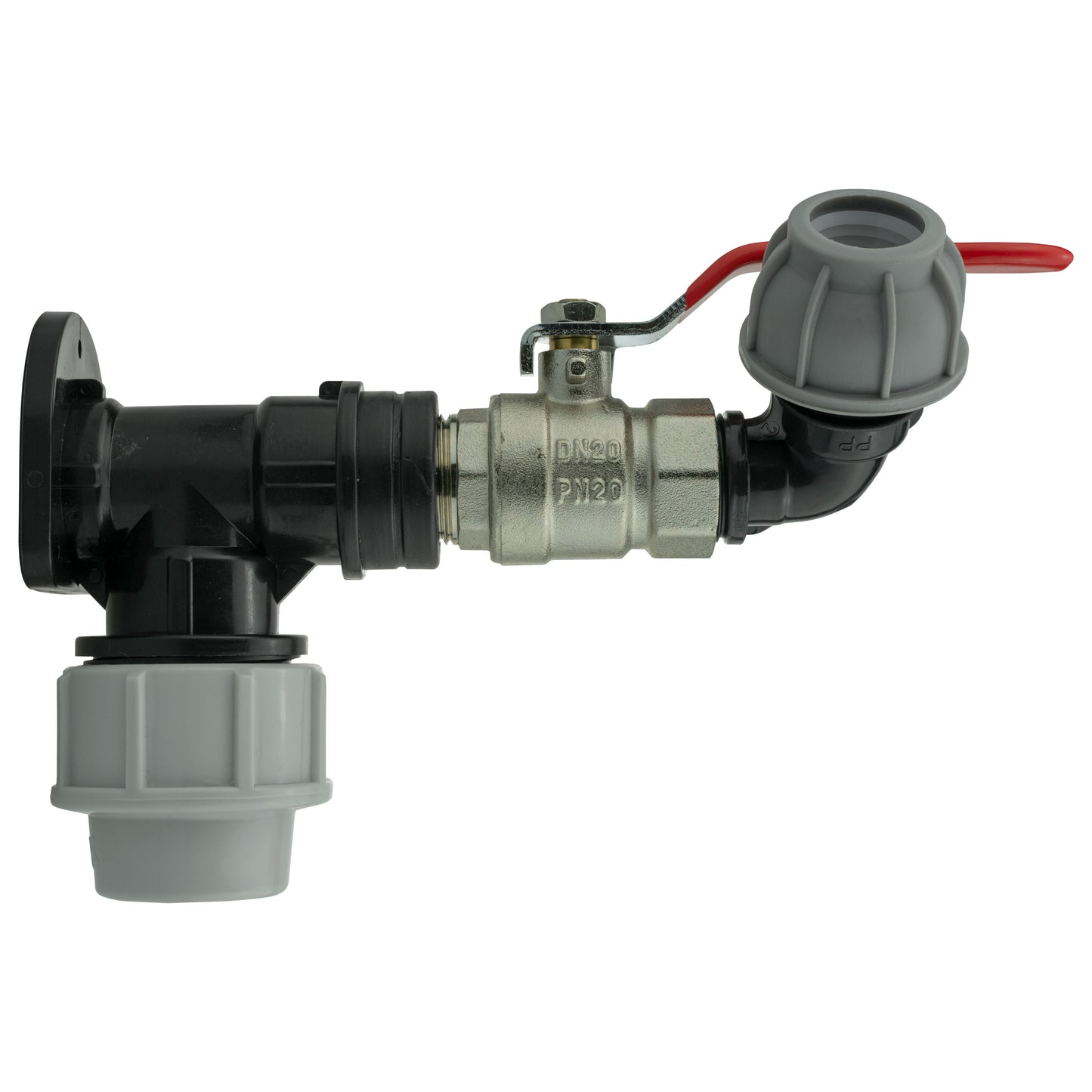 25mm MDPE Wall Flange Set with Lever Valve and 20mm MDPE Elbow Fitting