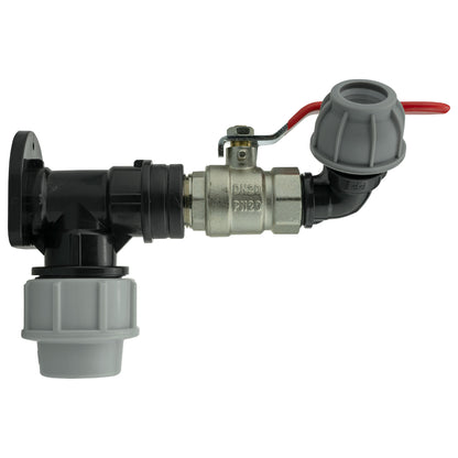 25mm MDPE Wall Flange Set with Lever Valve and 20mm MDPE Elbow Fitting