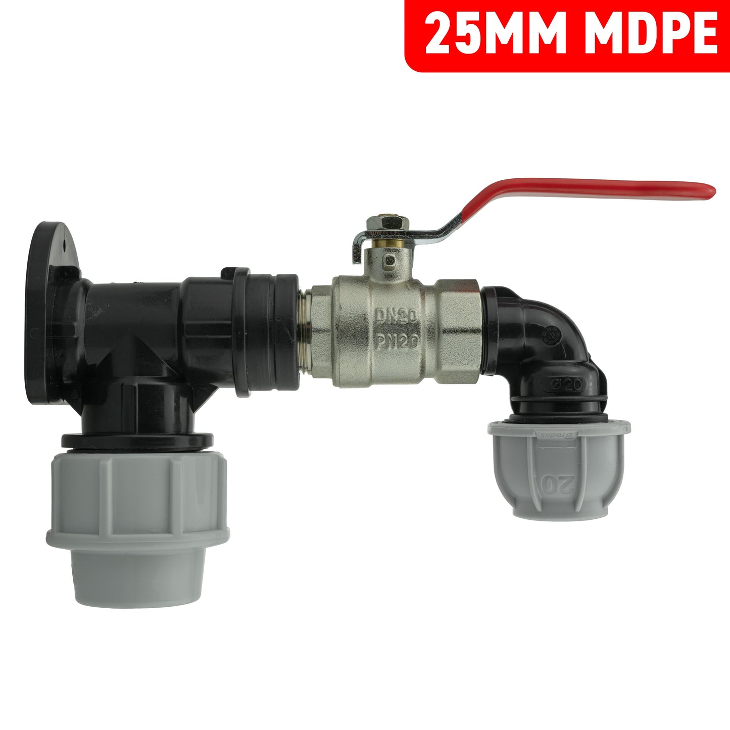 25mm MDPE Wall Flange Set with Lever Valve and 20mm MDPE Elbow Fitting