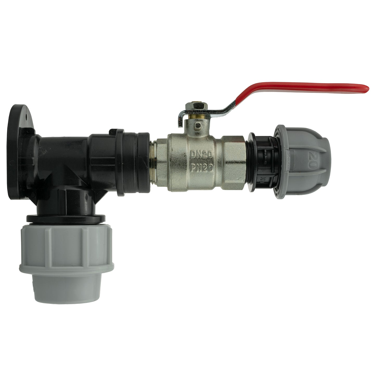 25mm MDPE Wall Flange Set with Lever Valve and 20mm MDPE Straight Fitting