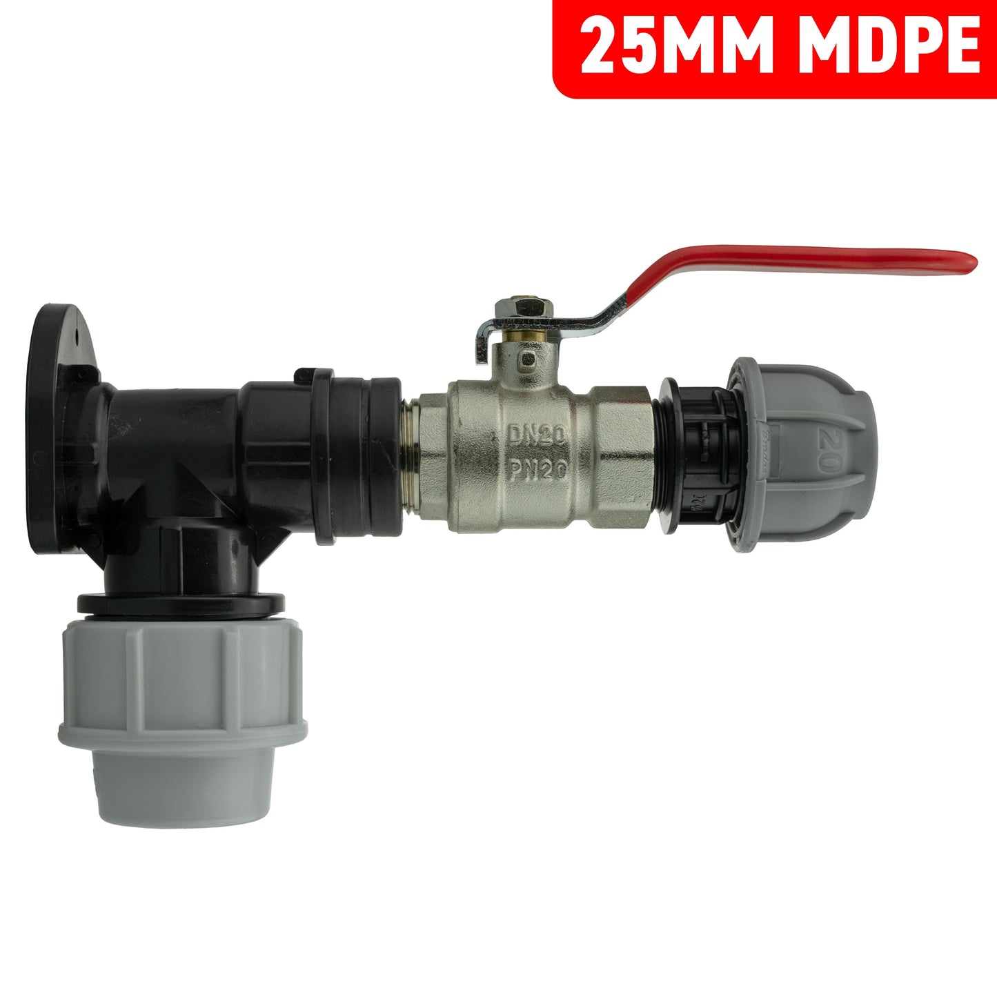 25mm MDPE Wall Flange Set with Lever Valve and 20mm MDPE Straight Fitting