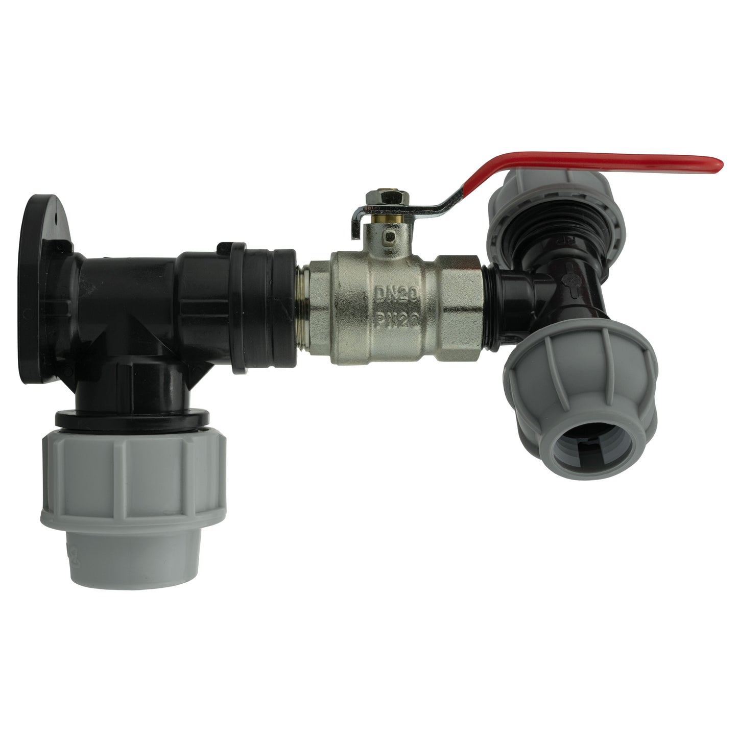 Wall Flange Set 25mm MDPE with Lever Valve and 20mm MDPE Tee Fitting