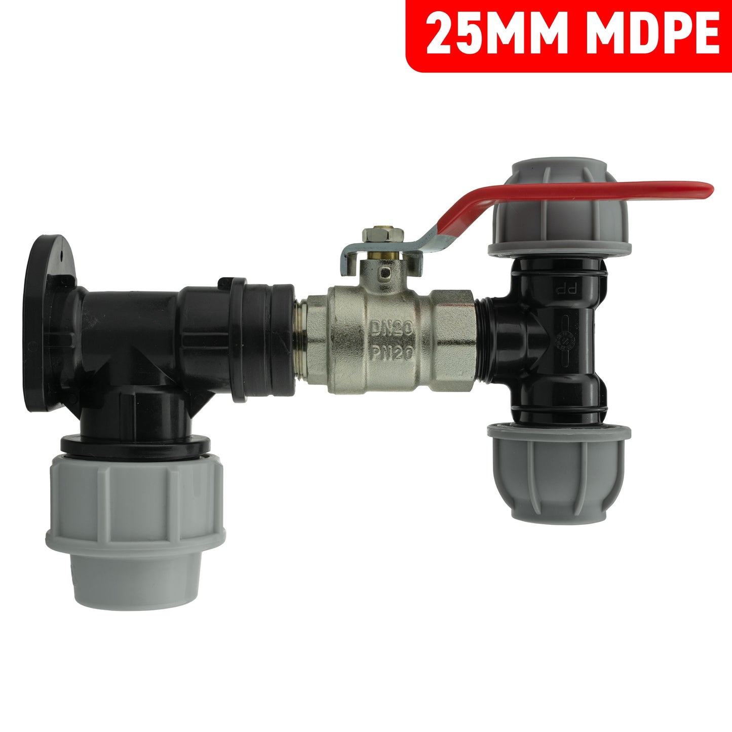 Wall Flange Set 25mm MDPE with Lever Valve and 20mm MDPE Tee Fitting