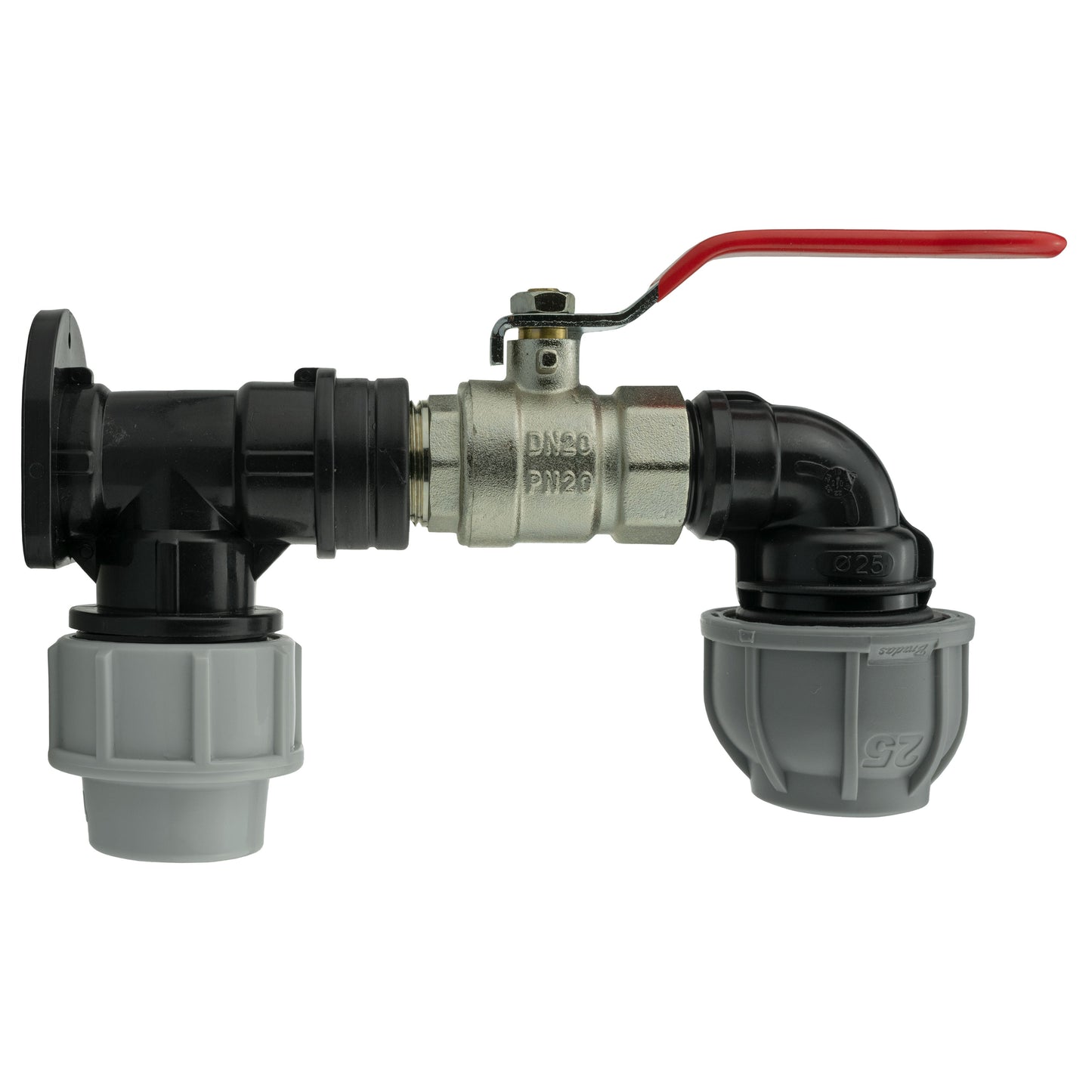 25mm MDPE Wall Flange Set with Lever Valve and 25mm MDPE Elbow Fitting